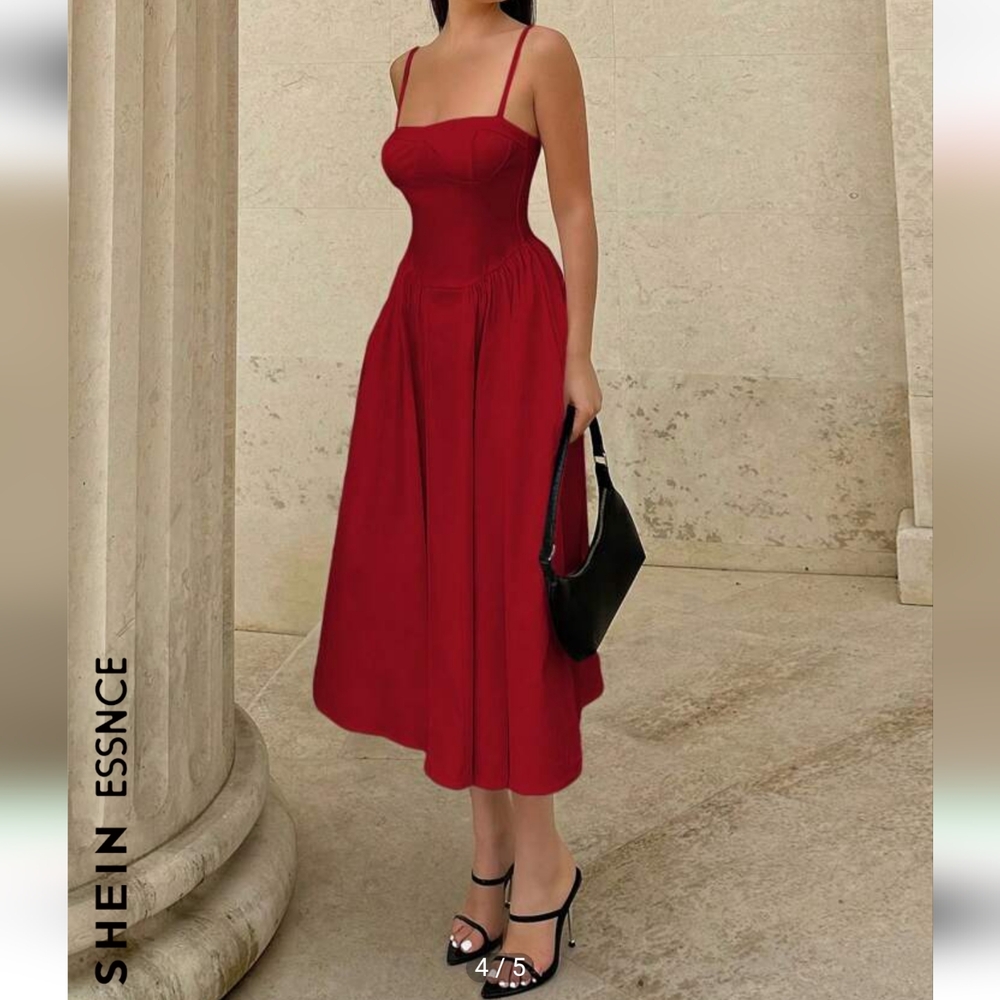 Red Dress XS Summer strappy Below Knee Flair Midi Bustier Top Shein Long Maxi